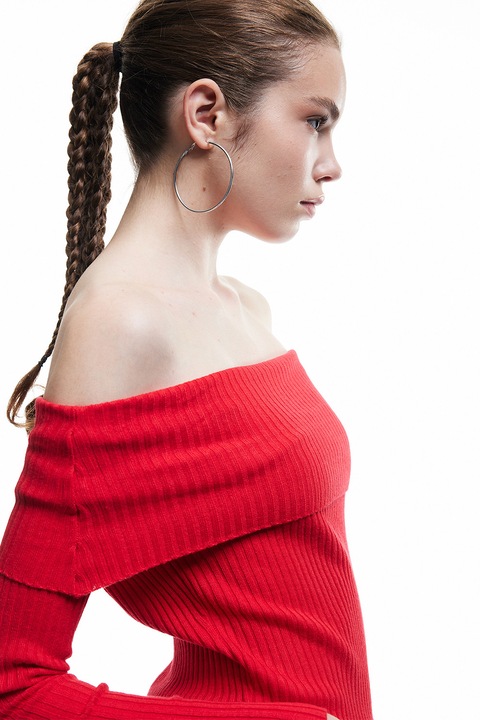 KOTON, Pulover striat cu decolteu pe un umar, Rosu vermillion