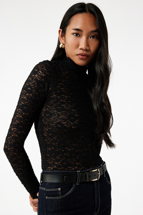 KOTON, Bluza slim fit cu perforatii cu guler scurt, Negru