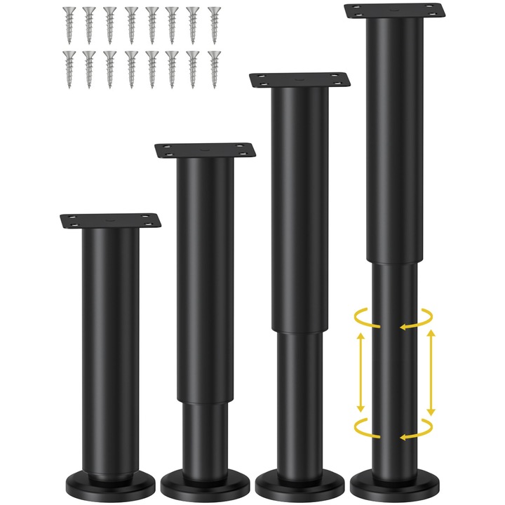 4 picioare de sustinere a patului cu inaltime reglabila pentru cadru de pat/sipca centrala de pat, picioare de mobilier reglabile din metal, cu suruburi de fixare, pentru pat/canapea/dulap/canapea/comoda/masa, WALALLA, 18-30cm