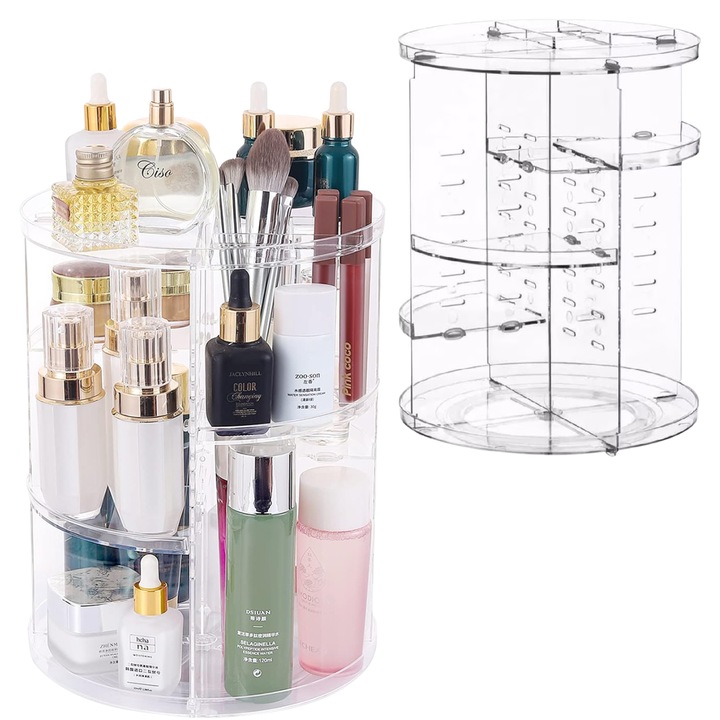 Въртящ се на 360° органайзер за козметика, LuckyLu®, компактен и преносим, лесен за сглобяване и използване, за тоалетки, бани, офиси, акрил, 23 x 31 см, прозрачен