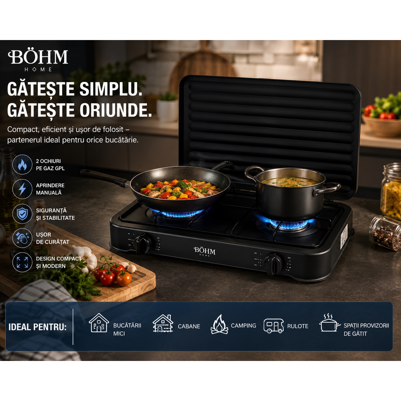 Aragaz cu doua ochiuri pe gaz si aprindere manuala BÖHM BG-M-002-B 4.4 kW