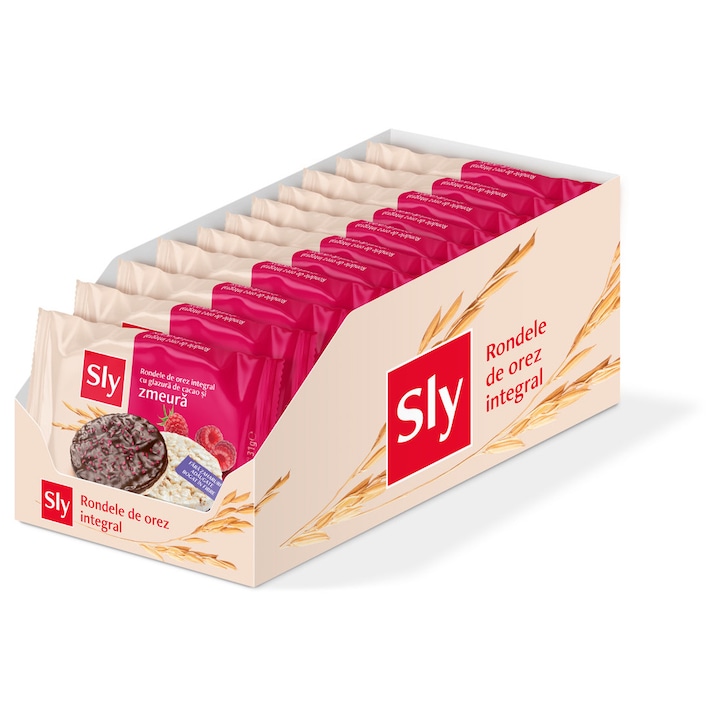 Cutie 11 pachete Sly Rondele de Orez integral, cu glazura de cacao si zmeura, fara zaharuri adaugate, cu ȋndulcitor, 11x31g