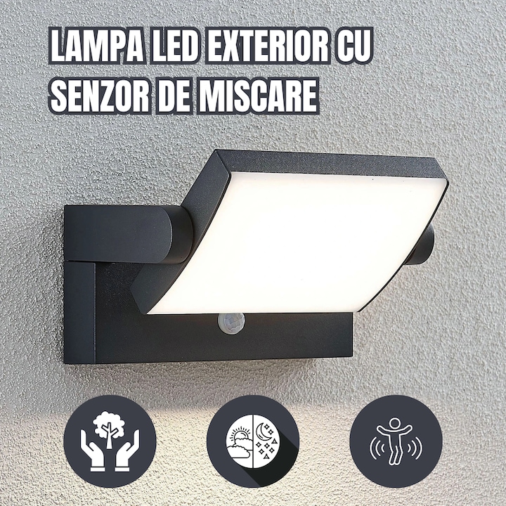 Lampa de perete LED exterior cu senzor de miscare – corp din aluminiu rezistent la apa, protectie IP65, iluminare ambient alb rece / cald, pentru curte, terasa, intrare garaj