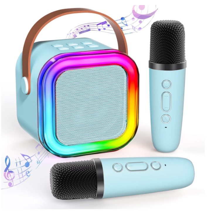 Hordozható Karaoke Szett, 2 Vezeték Nélküli Mikrofon, Bluetooth Hangszóró RGB Világítással, Kék