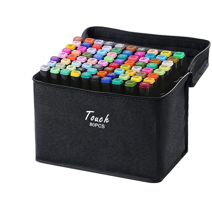 Set Profesional de Markere Dual Tip, 80 Culori Intense, pentru Desen, Schite, Proiecte Artistice si Scoala, cu Husa Transport Inclusa – Perfect pentru Artistii in Formare si Profesionisti