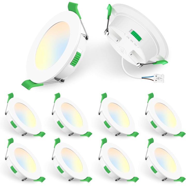 Set 10 Spoturi LED Incastrate, Ultra-Subtiri 29 mm, 5W, 3 Culori Reglabile (3000K/4000K/6500K), Dimmabil, IP44, 440 lm – Montaj 230V, Diametru 85 mm, Ideal pentru Baie, Hol, Bucatarie, Albe