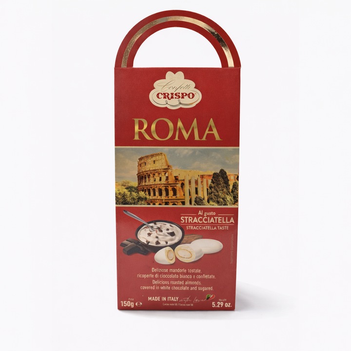 Bomboane de ciocolată, Crispo, Stracciatella, migdale prăjite în ciocolată albă cu fulgi de cacao, 150 g