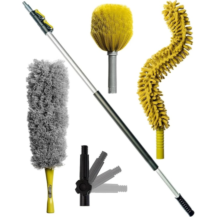 Set maner telescopic si 3 pamatufuri DocaPole, aluminiu/plastic/microfibra, galben/argintiu/gri, 3, 6 m