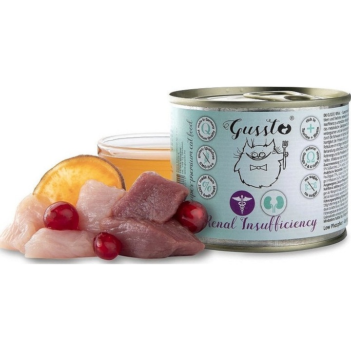 Hrana umedă pentru pisici Gussto, dietă veterinară, insuficiență renală, curcan și gâscă, 200 gr