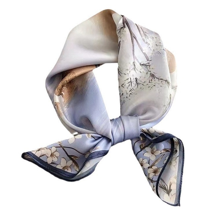 Esarfa din matase naturala, XYXBEBAO, imprimeu flori botanice, albastru deschis, 70x70cm