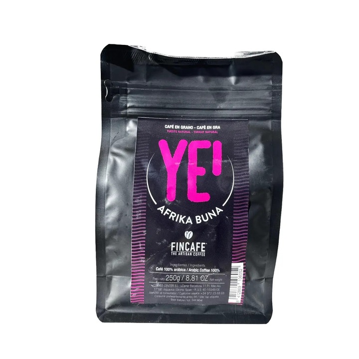 Cafea Arabica boabe Fincafe, Afrika Buna, 100% boabe prajite natural, note fructate, aroma intensa, aciditate neutra, proces de semi-spalare manuala, ideala pentru cafea proaspat rasnita, 250 g