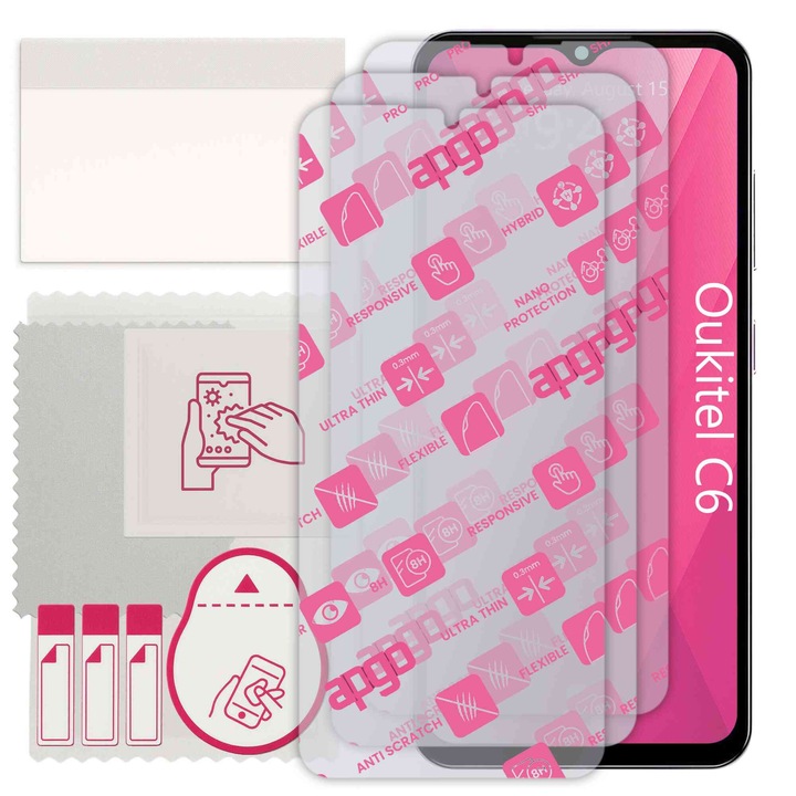 3x apgo Ultra-Clear Hybrid sticla protectoare compatibila cu Oukitel C6, sticla nano flexibila, inlocuire excelenta pentru sticla temperata