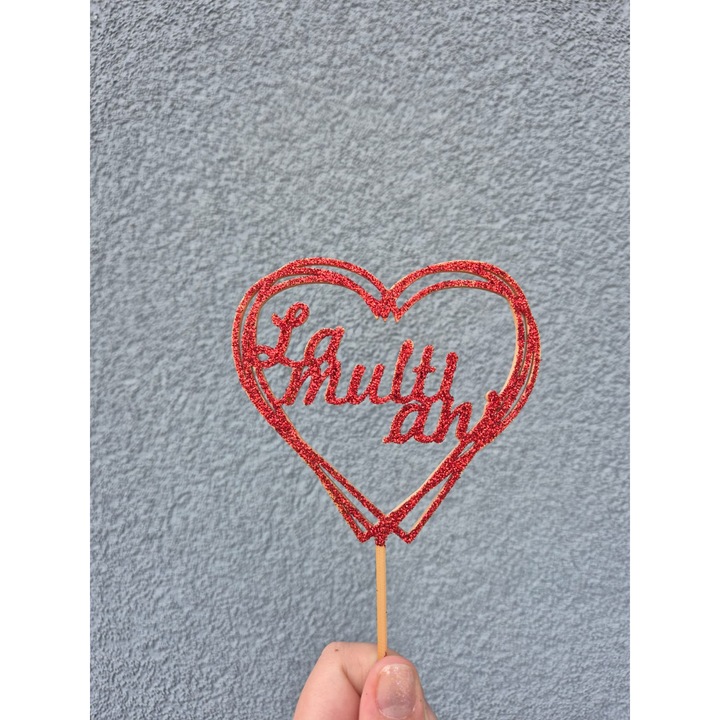 Топпер за торта, "ЧЕСТИТ РОЖДЕН ДЕН", 17 х 10 см златен с червен брокат