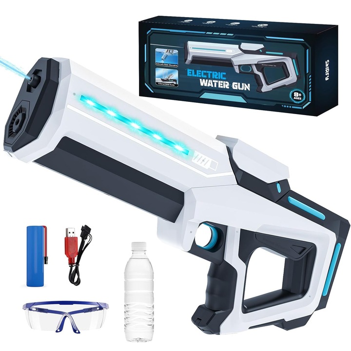 Pistol cu Apa Electric, absorbtie Automata, Lumina LED, Cu Baterii si Ochelari Protectie si rezervor, pentru Vara, Plaja si Piscina, Cadou pentru Copii si Adulti, Alb si negru