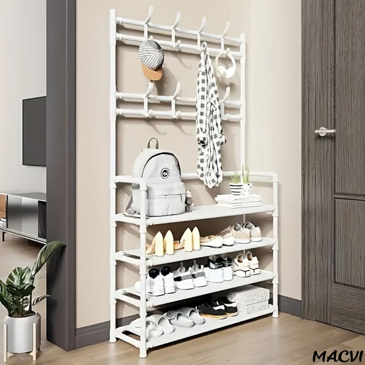 Cuier multifunctional Macvi® pentru haine si incaltaminte, 171x80x26.5 cm, material durabil, design ergonomic si modern, negru