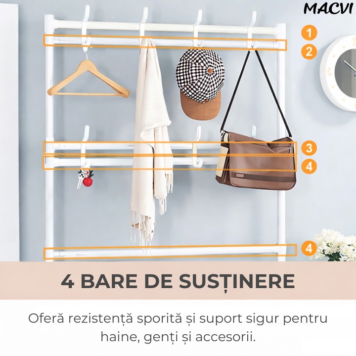Cuier multifunctional Macvi® pentru haine si incaltaminte, 171x80x26.5 cm, material durabil, design ergonomic si modern, negru