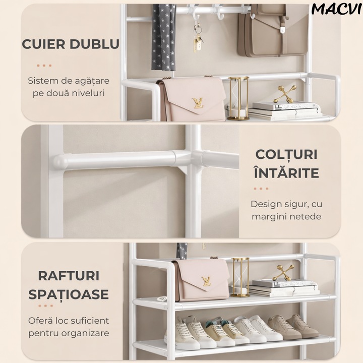 Cuier multifunctional Macvi® pentru haine si incaltaminte, 171x80x26.5 cm, material durabil, design ergonomic si modern, negru