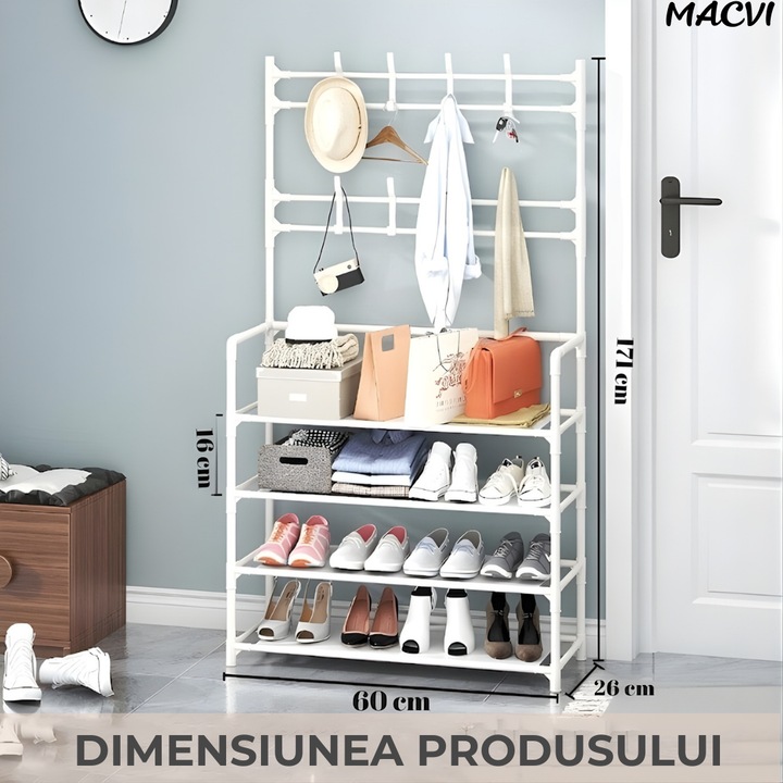 Cuier multifunctional Macvi® pentru haine si incaltaminte, 171x80x26.5 cm, material durabil, design ergonomic si modern, negru