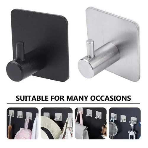 Set 4 cuiere de perete Macvi® din otel inoxidabil, montaj fara gaurire, 2 negre + 2 argintii, rezistente la umiditate, pentru baie si hol