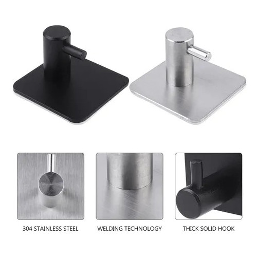 Set 4 cuiere de perete Macvi® din otel inoxidabil, montaj fara gaurire, 2 negre + 2 argintii, rezistente la umiditate, pentru baie si hol