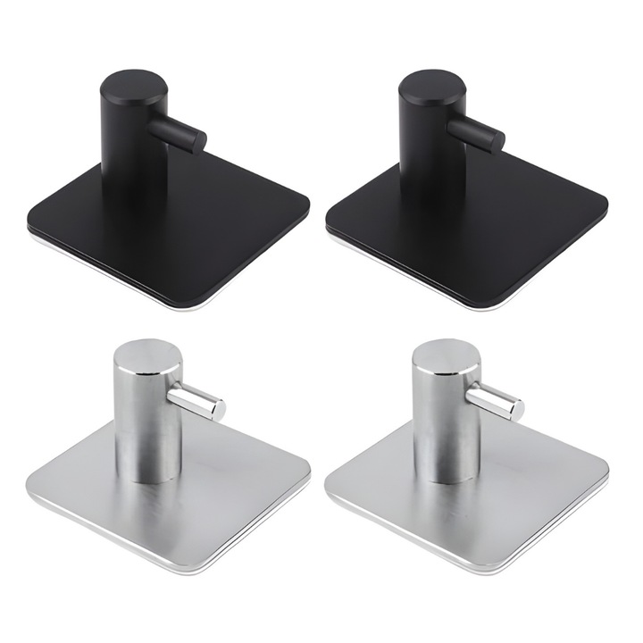 Set 4 cuiere de perete Macvi® din otel inoxidabil, montaj fara gaurire, 2 negre + 2 argintii, rezistente la umiditate, pentru baie si hol