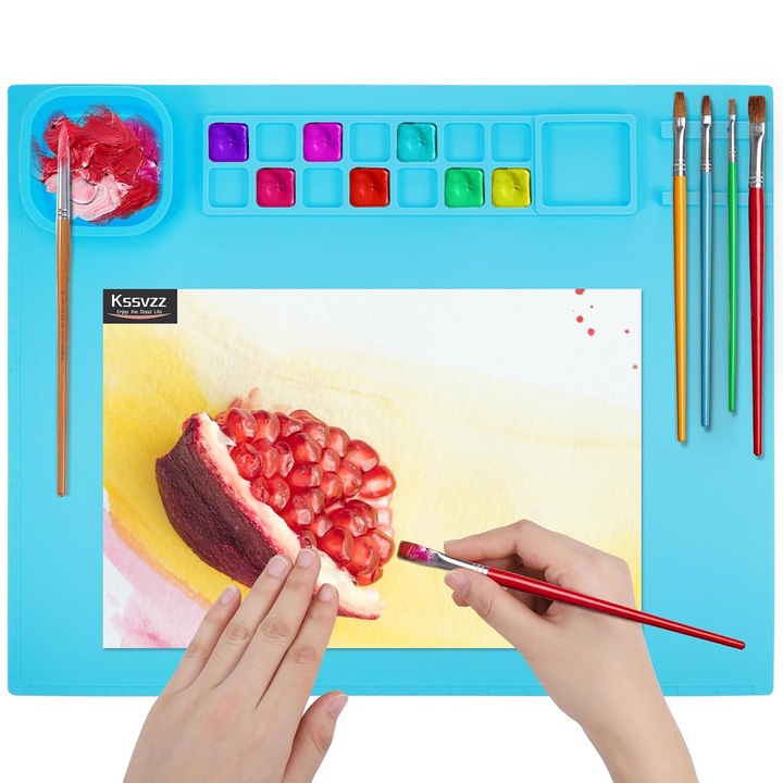 Covoras de pictura din silicon, covoras multifunctional cu suport pentru pix si bol de spalat, covoras de masa antiaderent si antiderapant pentru copii, pictura, mestesuguri, proiecte DIY (albastru)