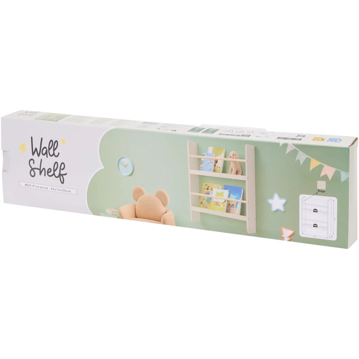 Set 2x etajere de perete 49x12x58cm + bandă de protecție muchii 4m, lemn FSC, pentru camera copilului