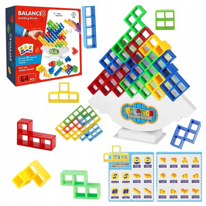 Tetra Tower Balance intelligens játék, 64 kocka, 22 kártya, 1 alap, sokszínű, 6.7x2.7 hüvelyk, műanyag, 3 év+