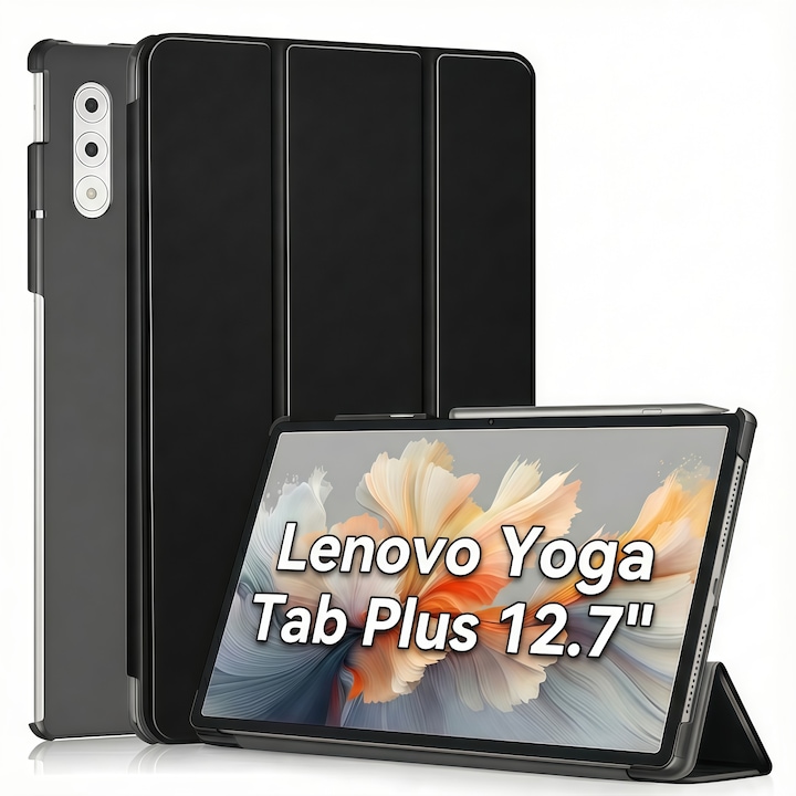 Husa Smart Cover Omelivon pentru Lenovo Yoga Tab Plus, Piele Ecologica, Negru, 12.7 inch
