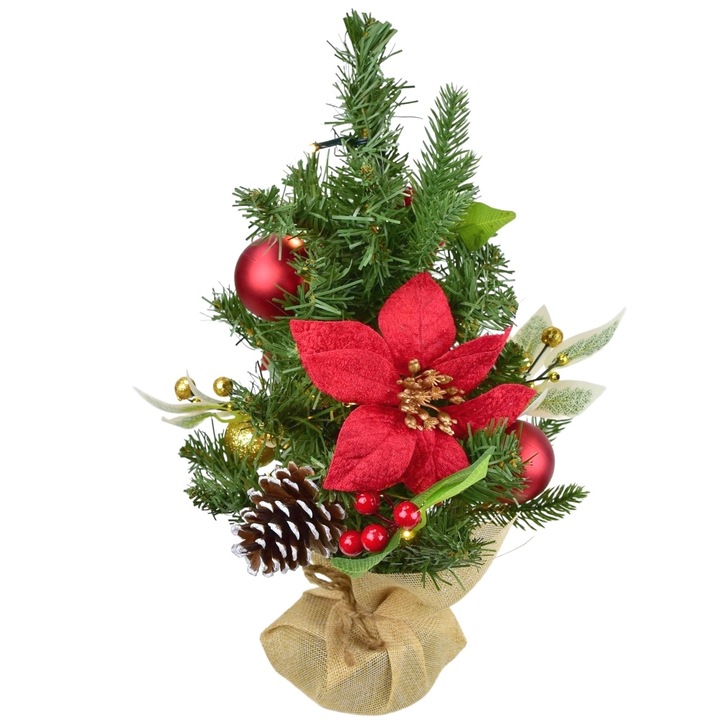 Pom de Crăciun artificial Dommio, 40 cm, 10 LED, bile roșii și aurii