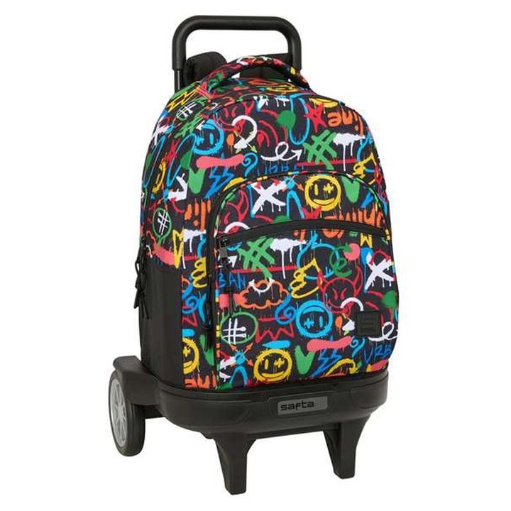 Ghiozdan cu roti, Safta, Colors, Graffitti, Negru, Multicolor, 33 x 45 x 22 cm, capacitate 22 L, compartimente frontale si laterale, captuseala ergonomica