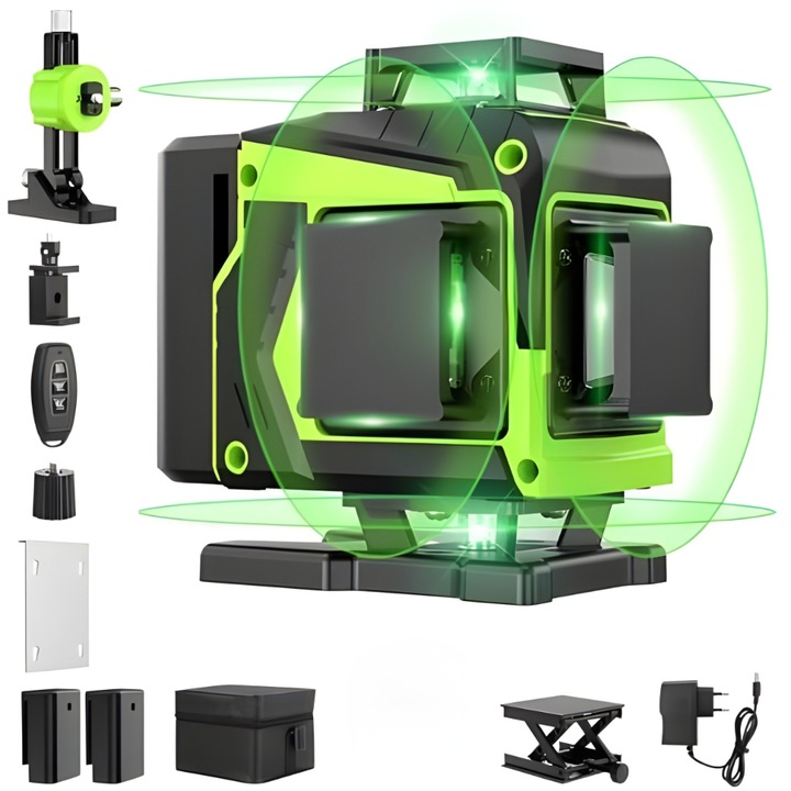 Marcino® Professzionális 4D Lézer Szintező 16 Vonalas, ±1.5 mm / 7 m Pontosság, 30 Méter Lézertávolság, 2x Lítium Akkumulátor, IP54, Távirányítóval/Mobil Alkalmazással, Szállítódoboz