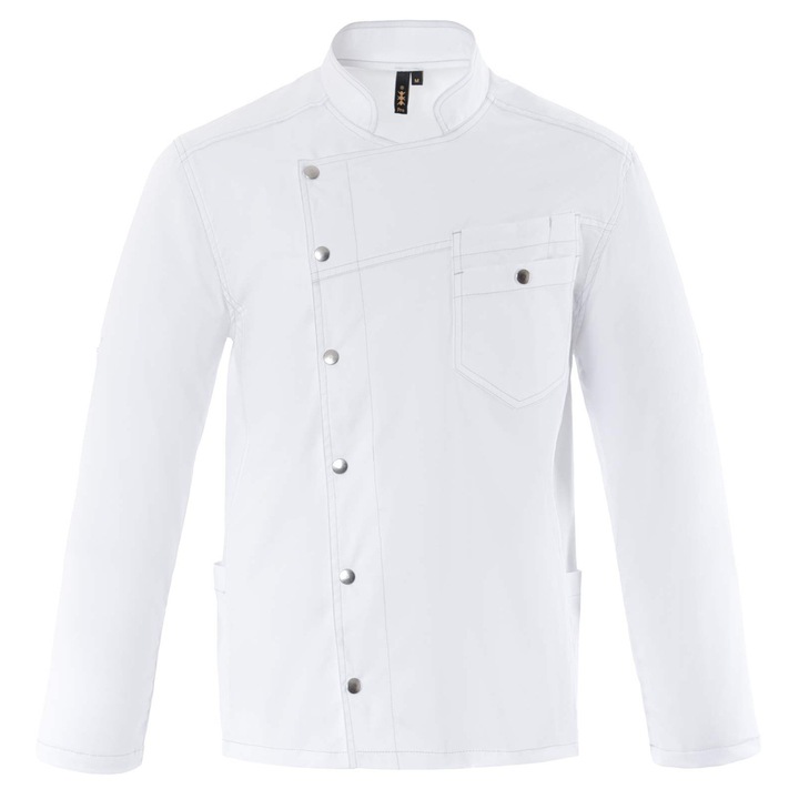 Jacheta Axon, bluza bucatar, maneci pliabile, guler tip MAO, alb, bumbac-poliester-elastan, 2XL