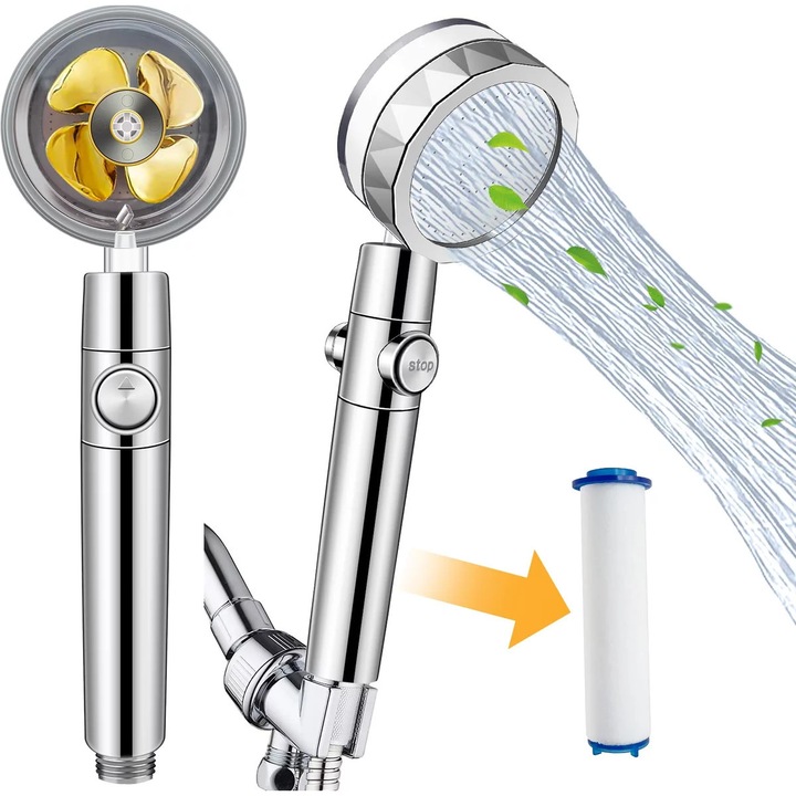 Cap de dus cu presiune mare, filtru anti-calcar, rotire 360°, inox, argintiu