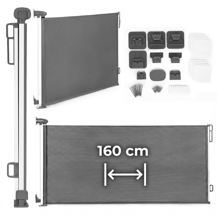 Прибираща се предпазна бариера 160 см, сива, за деца и животни, пълен комплект за монтаж, ECOTOYS