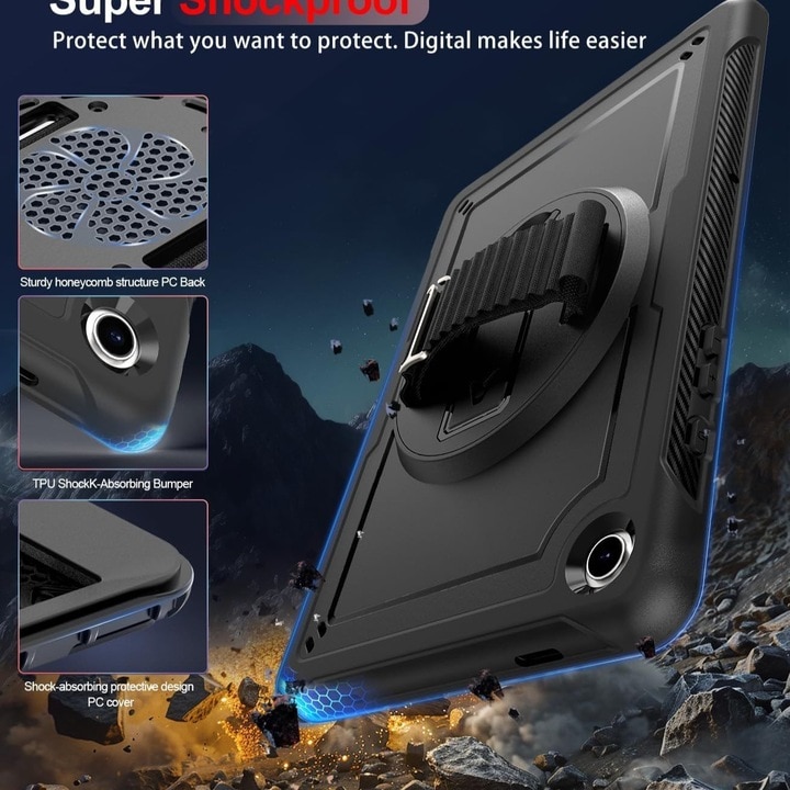 Husa tableta, 360° suport rotativ cu curea de mana si curea de umar pentru Samsung Galaxy Tab A9 Plus 2023, negru