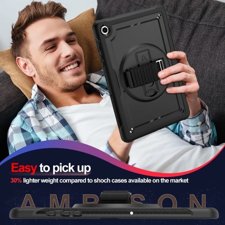Husa tableta, 360° suport rotativ cu curea de mana si curea de umar pentru Samsung Galaxy Tab A9 Plus 2023, negru