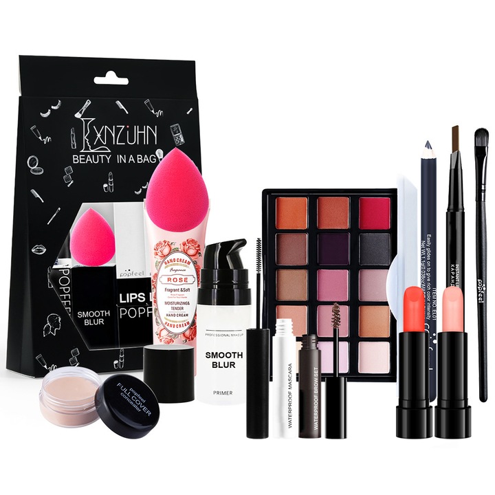 Set machiaj profesional, LXNZUHN, 12 piese, include paleta farduri, fond de ten, ruj, rimel si geanta de machiaj, 23×15×4.5cm