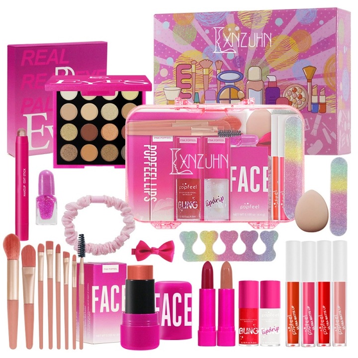 Set machiaj profesional, LXNZUHN®, 17 piese, include fard de pleoape, fond de ten, ruj, pensule de machiaj si o geanta de machiaj, in mai multe nuante de roz