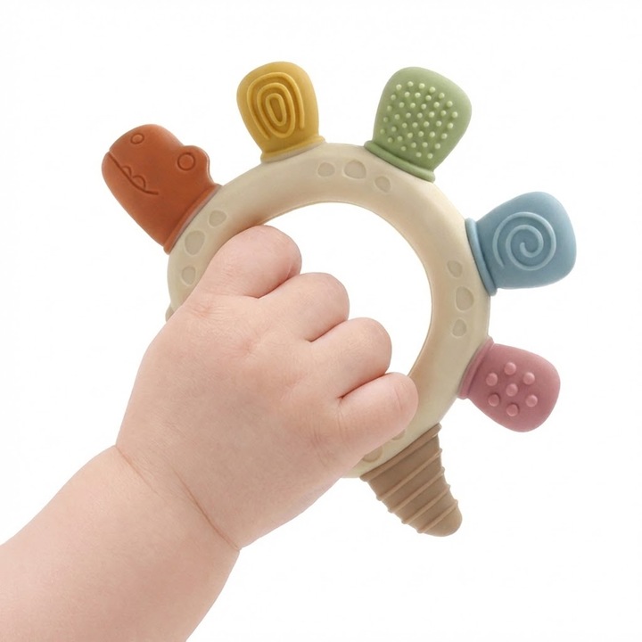 Jucarie pentru dentitie bebelusi, design dinozaur, silicon 100%, fara BPA, pentru mestecat, calmeaza gingiile