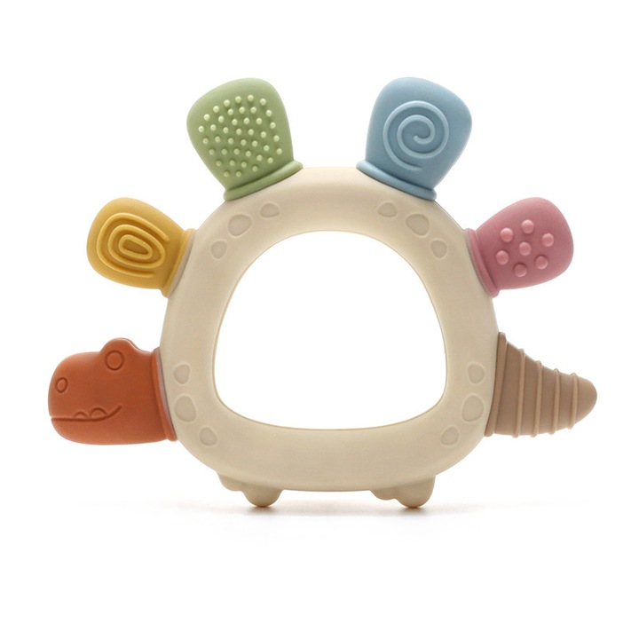 Bébi rágóka, dinoszaurusz design, 100% szilikon, BPA-mentes, rágásra, íny megnyugtatására