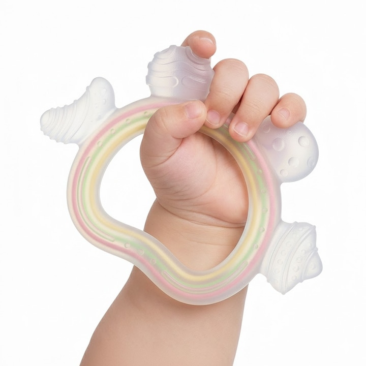 Jucarie pentru dentitie bebelusi, inel curcubeu transparent, silicon 100%, fara BPA, alb