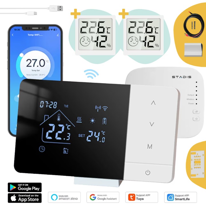 Termostat de Ambient Inteligent WiFi, Alb perlat, 81x140x24mm, Programabil, Receiver Inclus