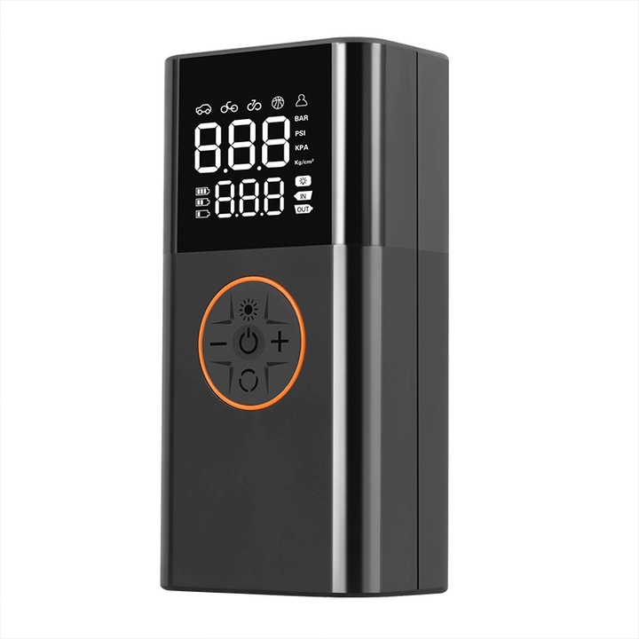Pompa auto portabila 3-in-1, incarcare wireless Type-C, afisaj digital, 1800mAh, negru