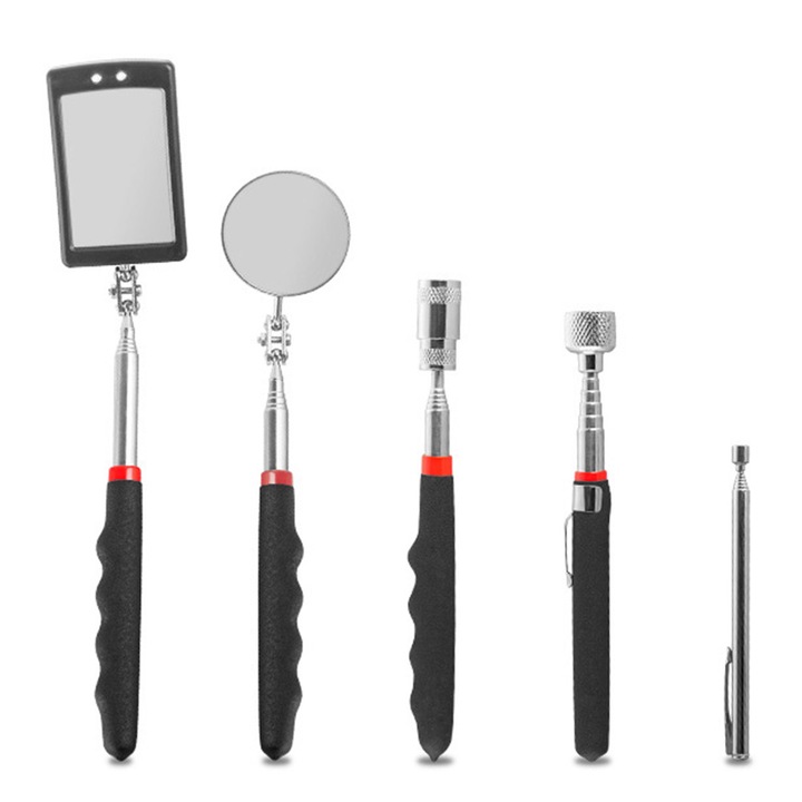 Set recuperatoare magnetice, 5 buc, cu oglinzi de inspectie si iluminare, inox, negru