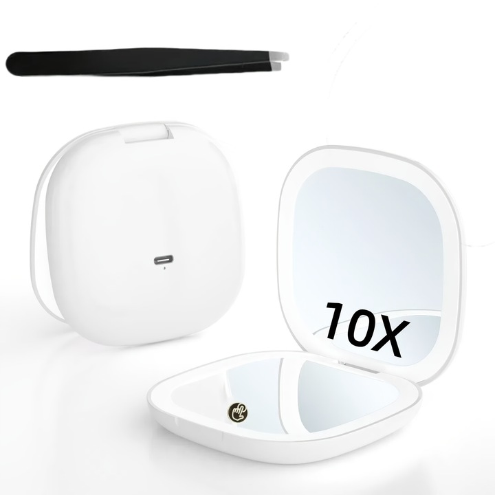 Сгъваемо преносимо козметично огледало с 10x увеличение, квадратен дизайн, двойно LED осветление