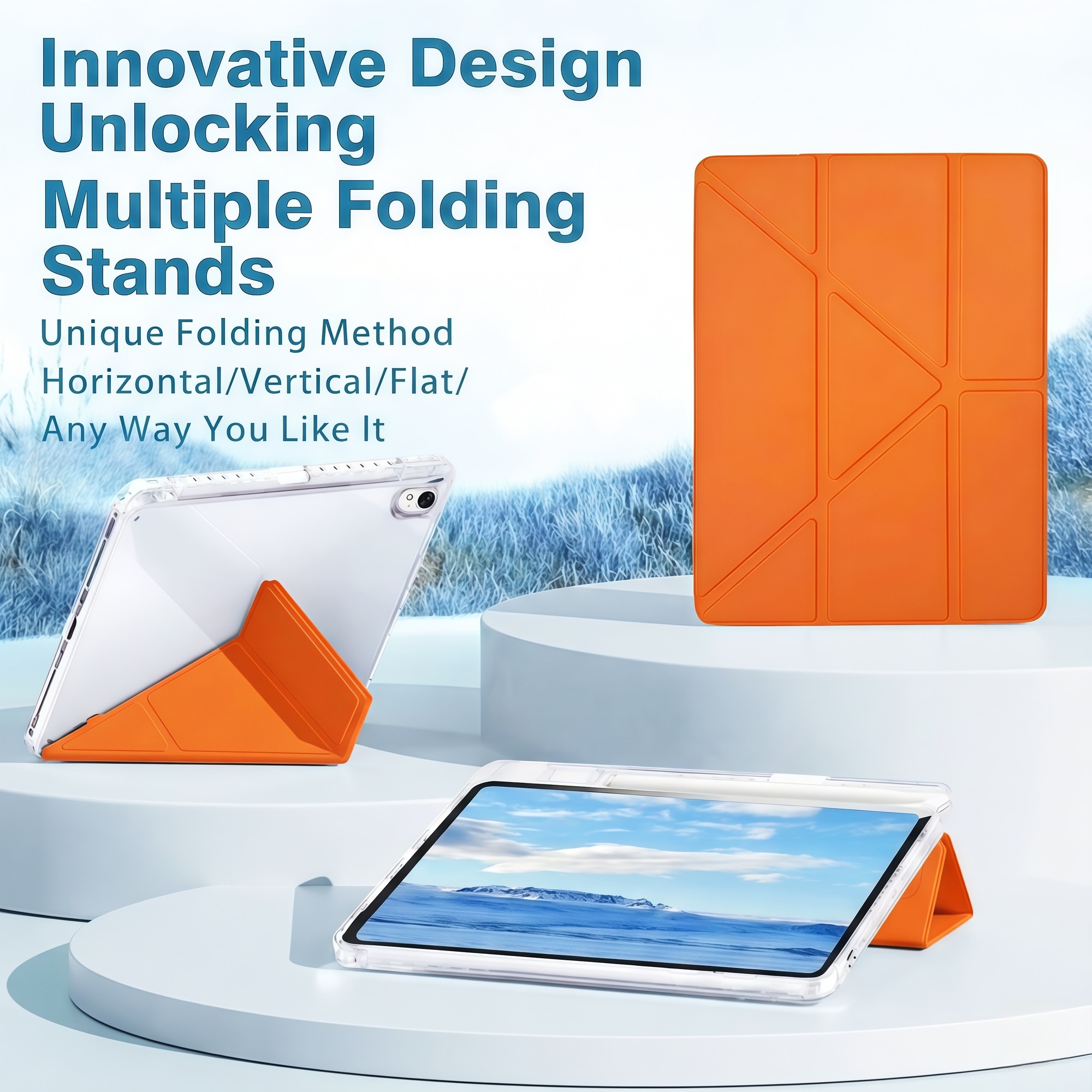 Husa Smart Cover Omelivon pentru Honor Pad X8a, Stand Pliabil tip Y, Spate Transparent, Portocalie, 11 inch