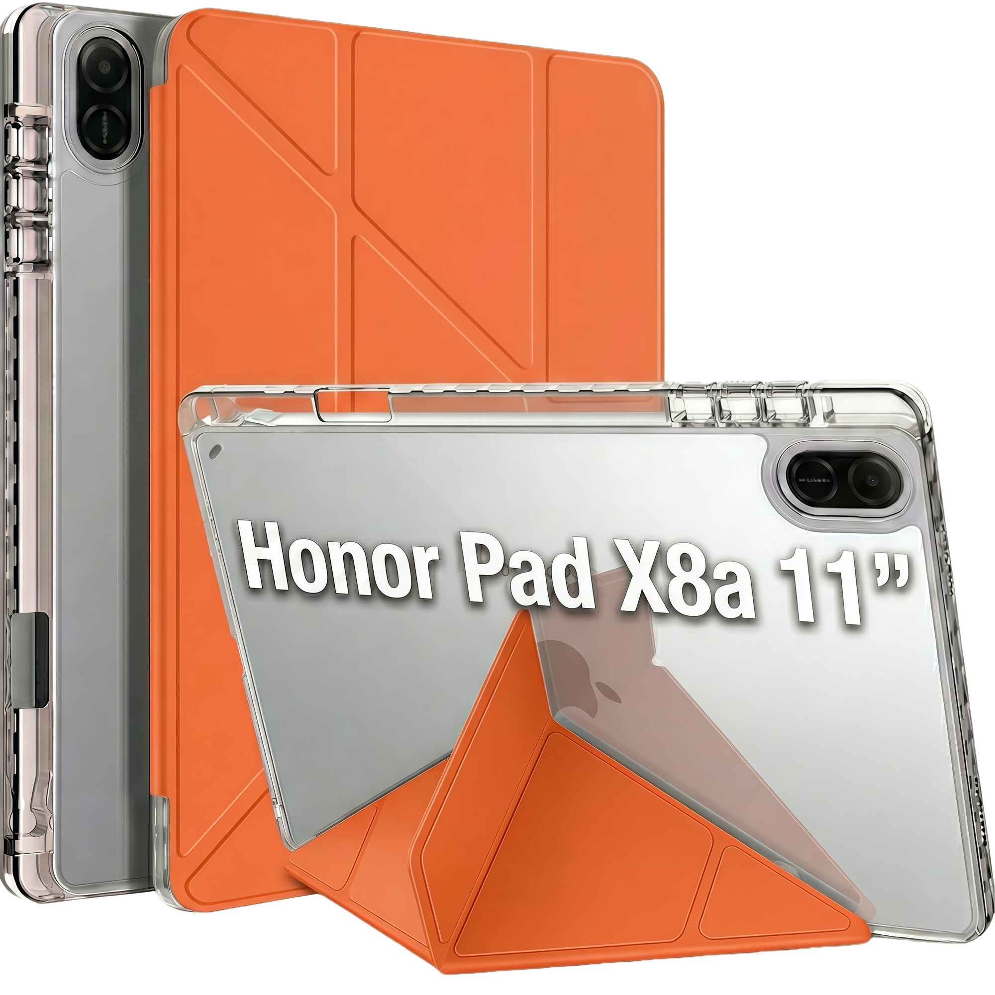 Husa Smart Cover Omelivon pentru Honor Pad X8a, Stand Pliabil tip Y, Spate Transparent, Portocalie, 11 inch