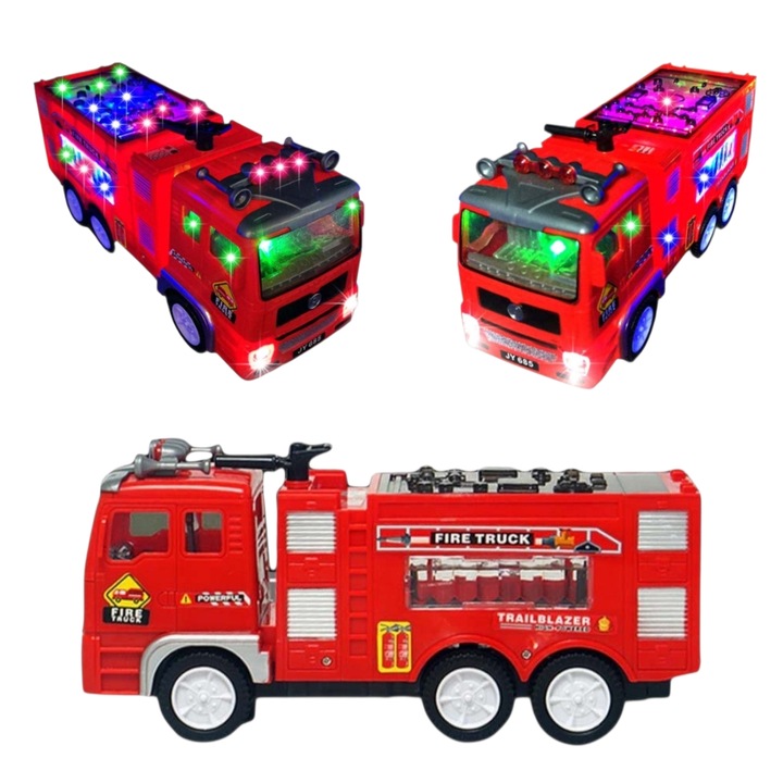 Camion de pompieri electric LuxAndra cu lumini LED și sunete realiste, roșu, 26x14x9cm