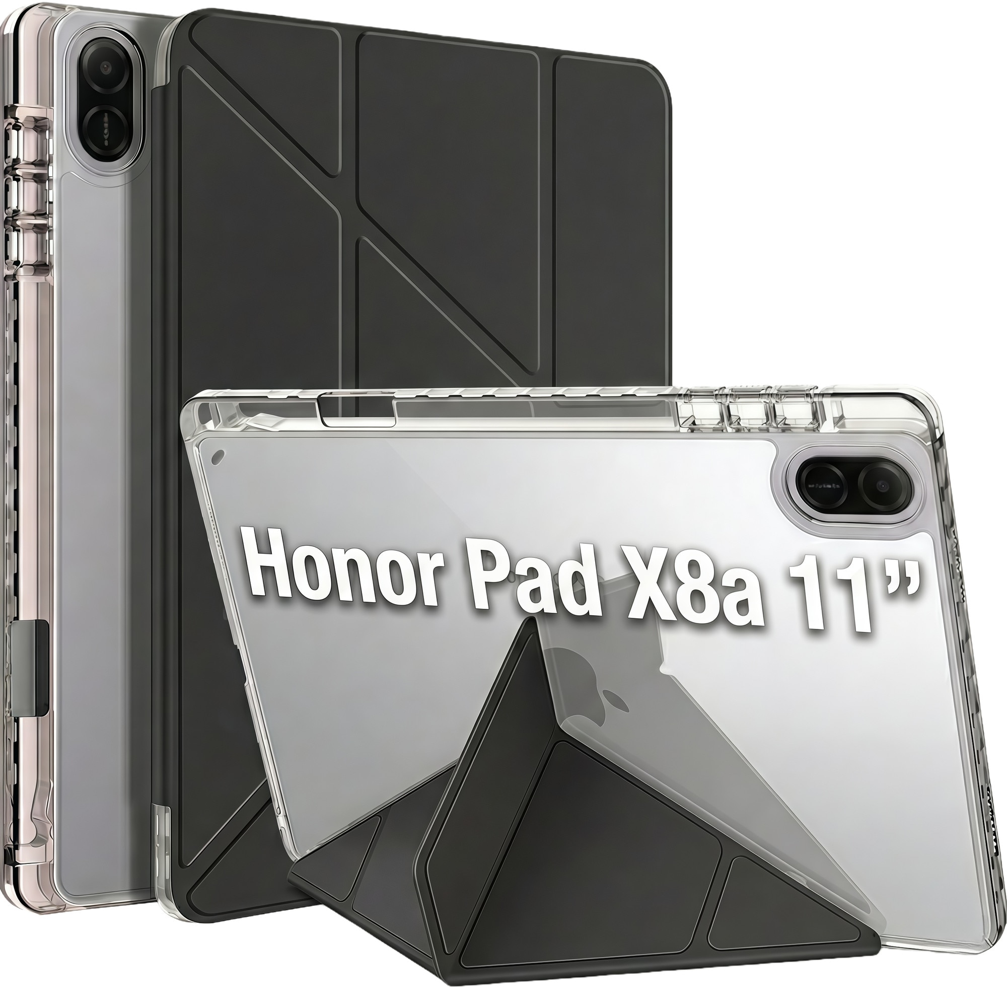 Husa Smart Cover Omelivon pentru Honor Pad X8a, Pliabilă, Spate Transparent, Negru, 11 inch
